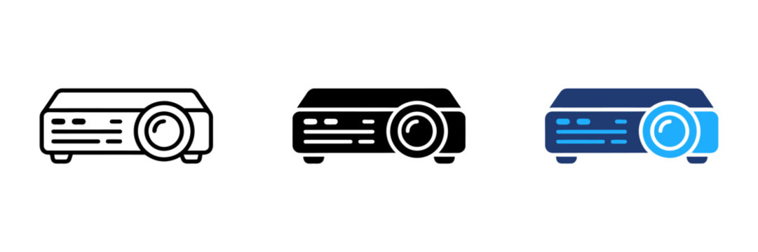 Projector icon set in outline, solid, and colored styles. Representing multimedia presentations, home cinema equipment, and business meeting technology