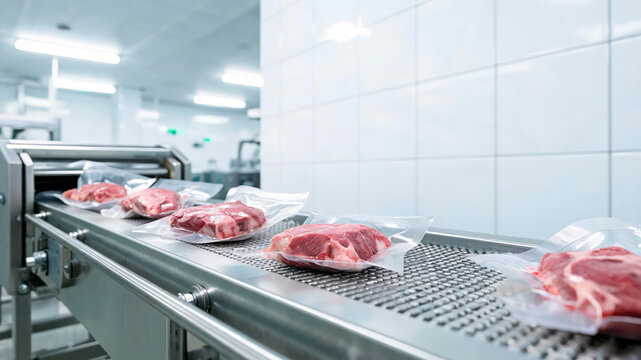 Workers are packaging meat cuts in vacuum-sealed bags on a conveyor belt inside a food processing facility. The setting shows a clean and organized workspace