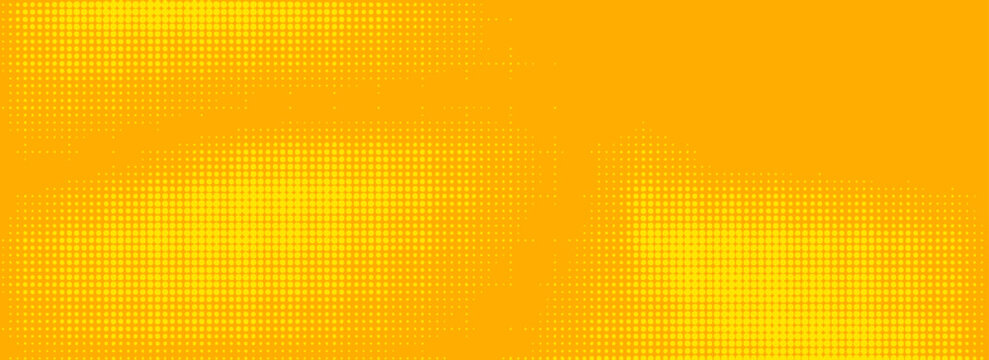 Yellow halftone pattern. Retro comic gradient background. Bright orange pixelated dotted texture overlay. Cartoon pop art faded gradient pattern. Vector backdrop for poster, banner, advertisement