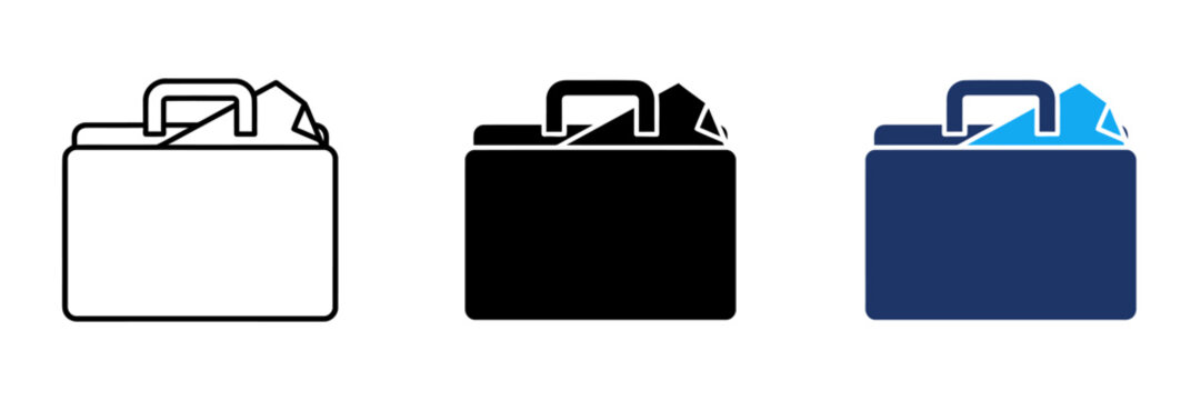 Briefcase icons with documents in outline, solid, and two-tone styles. Representing professional organization, business portfolio management, and office documentation