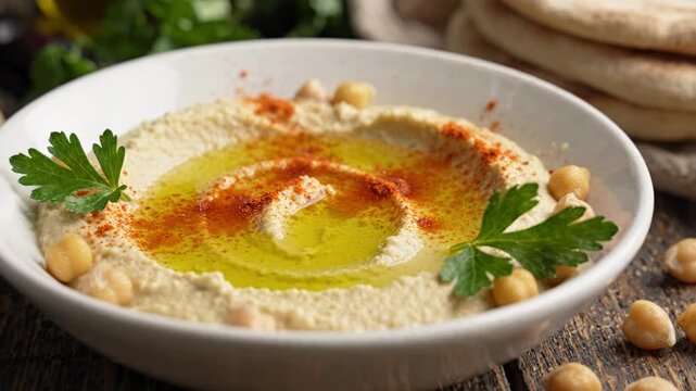Delicious creamy Middle Eastern hummus dip. Generously garnished with whole chickpeas, savory paprika, vibrant parsley, and golden olive oil. healthy appetizing snack, perfect with soft pita bread
