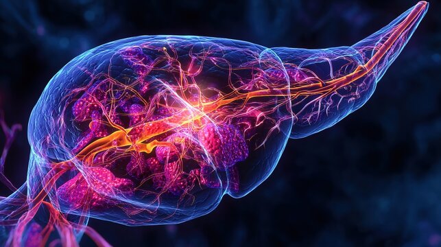 Pancreatitis 3D medical anatomy illustration, inflammation of human pancreas organ, acute and chronic pancreatic disorder, digestive system gland damage, gastrointestinal pathology, pancreatic enzyme 