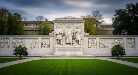 Obraz premium Majestic stone monument with sculpted figures and reliefs against a building