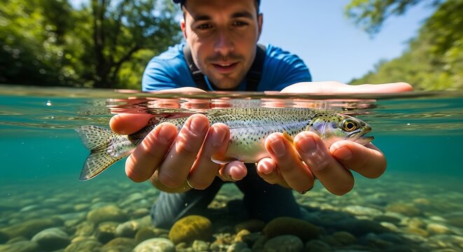 Man holds freshly caught fish in clear shallow stream, sunlight glints