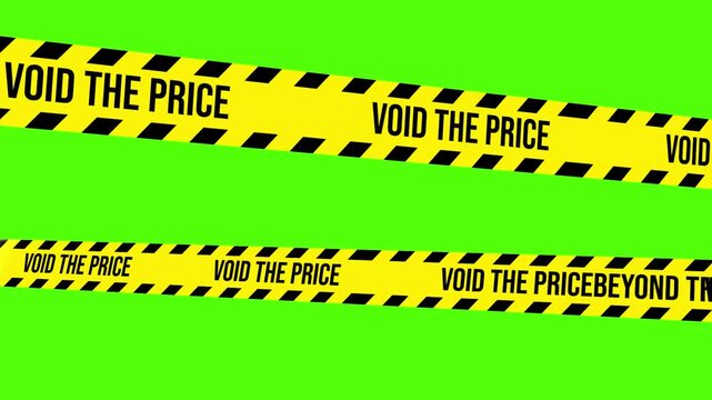 Price Void Alert: Yellow caution tape with black stripes boldly declares VOID THE PRICE, creating a stark contrast against a vivid green backdrop, conveying a message of disruption or alteration.