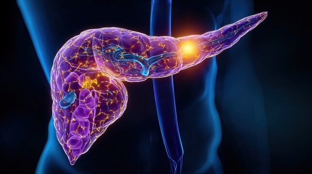 Pancreatitis 3D medical anatomy illustration, inflammation of human pancreas organ, acute and chronic pancreatic disorder, digestive system gland damage, gastrointestinal pathology, pancreatic enzyme 
