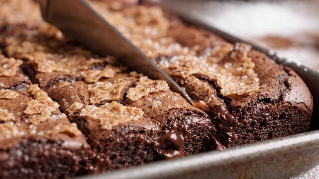 Homemade chocolate brownie creation, warm from baking pan. Carefully cutting rich, moist dessert portions, sweet treat confection. Fudgy texture promises pure delight, satisfying every craving