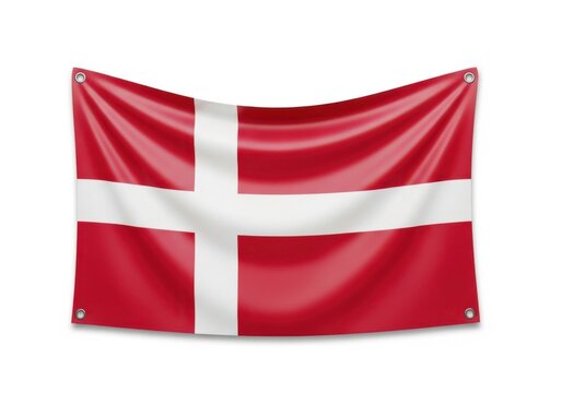 Flag of denmark hanging on a banner isolated on white background