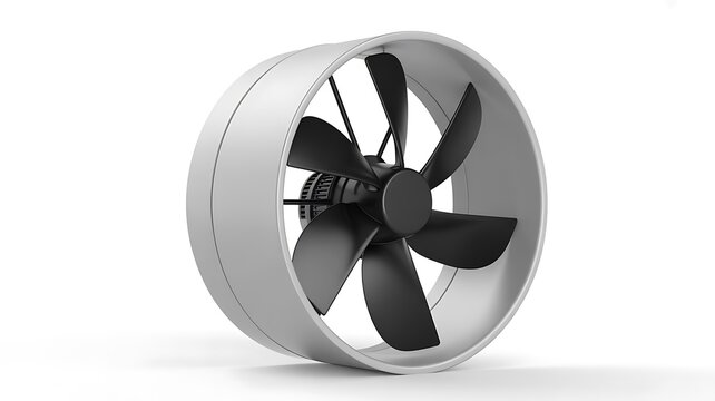 3D rendered illustration of a modern industrial axial flow fan, featuring a sleek white cylindrical casing and dark black propeller blades, designed for optimal air circulation