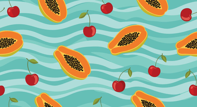 Seamless pattern design featuring sliced ripe papayas and red cherries with leaves on a wavy blue and teal textured background.