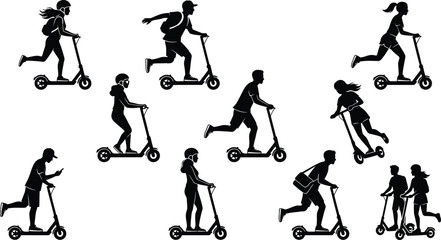 People riding electric scooters in various poses isolated on white background, Vector © MD. SOHAN MIA