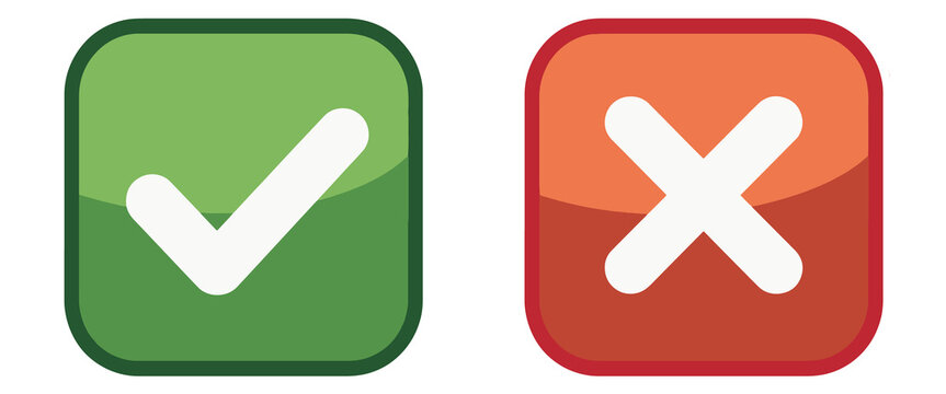 Green checkmark and red cross mark with rounded corners and glossy effect