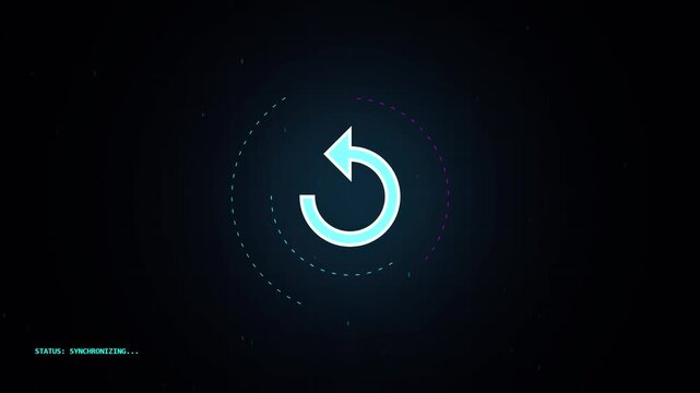 Digital synchronization icon spinning on a dark background with data grid