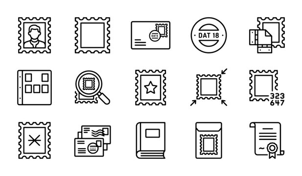 Postage Stamp Icons Set, Mail Delivery Symbols, Postal Service Vector Graphics, Philately Collection