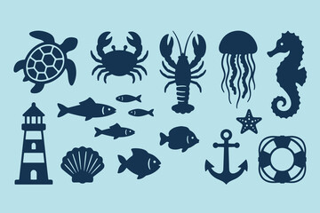 Marine life and nautical icons with turtle crab lobster jellyfish seahorse lighthouse shell starfish anchor and fish illustrated in dark blue silhouettes on light background © Abdul Waheed
