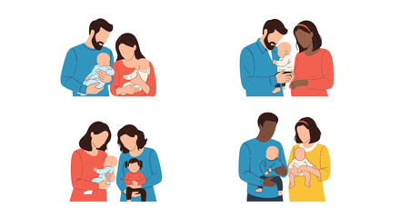 Fototapeta premium Diverse families collection featuring mothers and fathers from different ethnicities and backgrounds caring for their newborn babies.