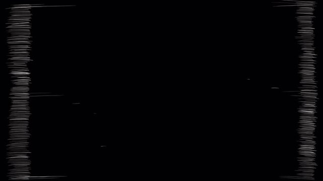 Edge scratches with white marks on a black background. Worn surface effect old cinema and VHS effect. Stock retro effect with scratches and noise in 4K with alpha channel.