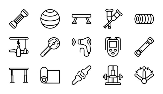 Fitness and Rehabilitation Equipment Icons, Medical Therapy Tools, Gym Workout Gear Set