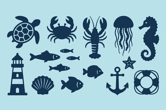 Marine life and nautical icons with turtle crab lobster jellyfish seahorse lighthouse shell starfish anchor and fish illustrated in dark blue silhouettes on light background