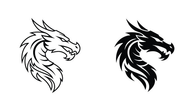 Fierce dragon head mascot vector illustration set with sharp line art and bold solid black silhouette for fantasy branding
