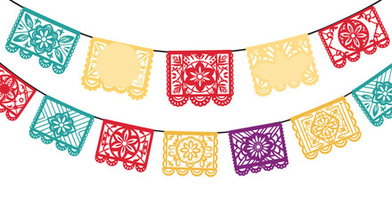 Traditional Mexican papel picado banners in vibrant colors used for festive decorations during holidays and cultural celebrations. © MS