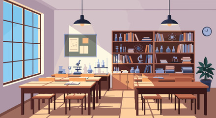 Empty modern science laboratory classroom featuring wooden desks, stools, and bookshelves stocked with scientific glassware and books. © MS
