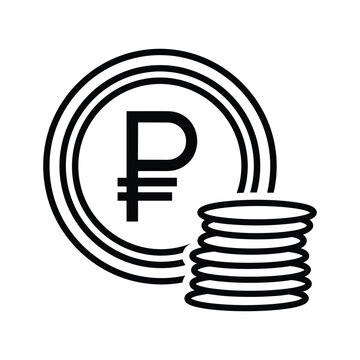 Black and white icon of russian ruble symbol and stack of coins