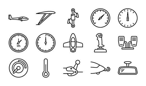 Aviation Icons Set: Aircraft, Instruments, Controls, and Accessories Vector Graphics