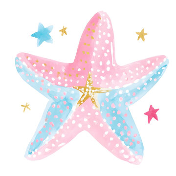 Pastel Pink and Blue Starfish Watercolor Illustration with Whimsical Coastal Charm