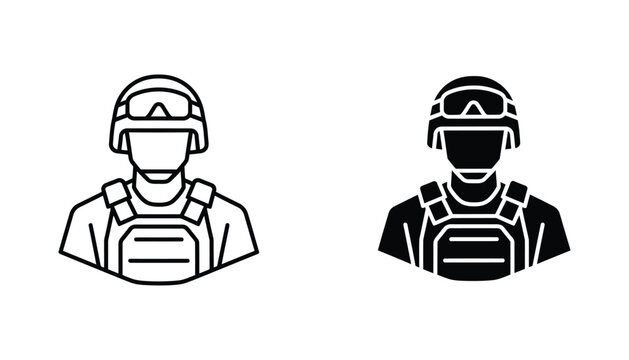 Soldier or special forces operator in tactical gear silhouette and outline icon for security and military themes