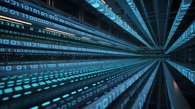 Digital data stream tunnel binary code matrix in a futuristic technology environment high-quality