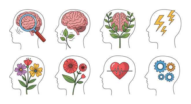 Mental health and psychology concept icons showing human head profiles containing various symbols like brains, plants, flowers, and gears.