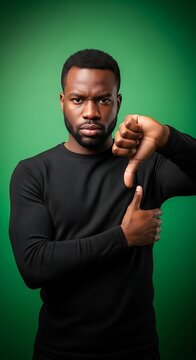 Man in black shirt gives thumbs down with serious expression against green backdrop