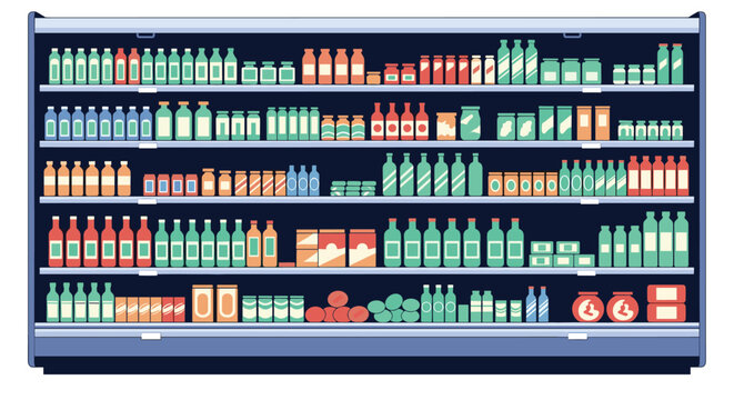 Fully stocked supermarket refrigerator display case with multiple shelves filled with colorful bottles of beverages and jars of food products.