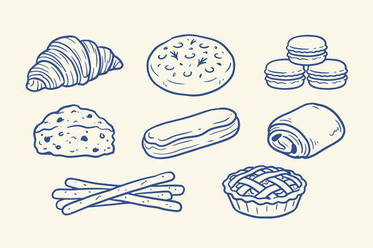Bakery pastry icons with croissant cookie macarons cake &eacute;clair breadsticks and pie illustrated in charming blue line art on light background