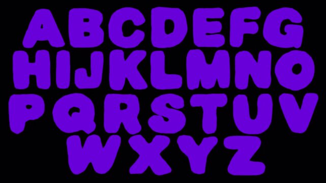 Thick purple English letters on a black background. Artistic font stock video in 4K with alpha channel.