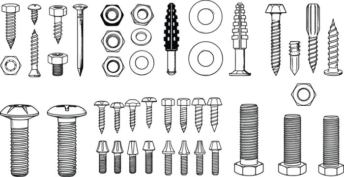 Collection of screws bolts nuts washers and wall plugs vector hardware fastener set for industrial engineering use