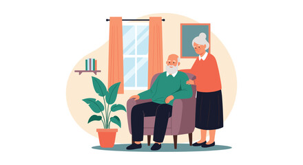 Elderly man sitting in an armchair while his wife stands beside him in a cozy living room setting with a window and a houseplant in the back. © MS
