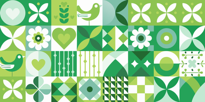 green folk art pattern with birds hearts and floral motifs
