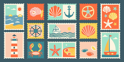 Fototapeta premium Retro style postage stamps featuring beach and nautical themes