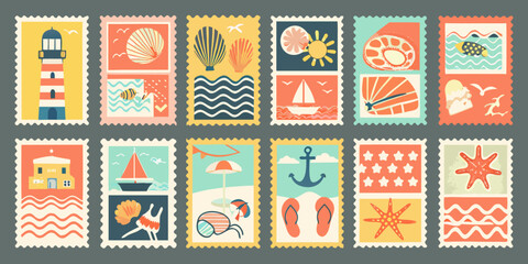 collection of retro style postage stamps with beach and nautical themes © Savankar