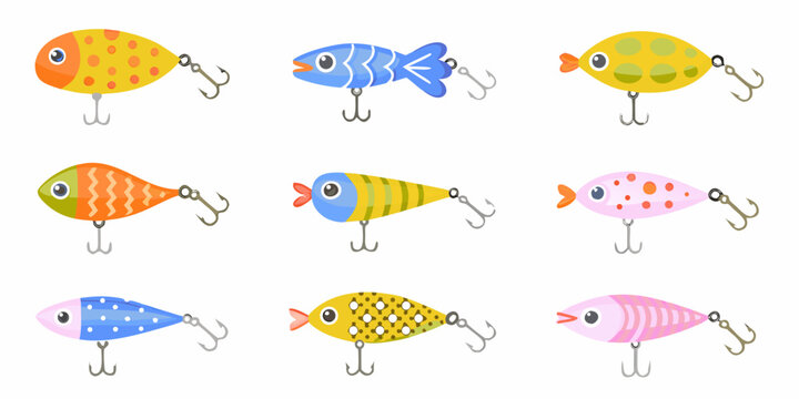 Colorful illustrated fishing lures with hooks flat vector design