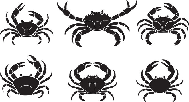 Six black crab silhouettes in various poses on a white background crabs