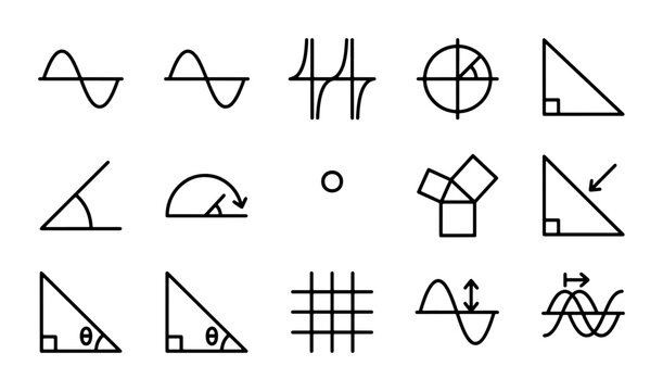 Mathematics Icons Set: Geometry, Trigonometry, Calculus Symbols, Scientific Diagrams, Education Graphics