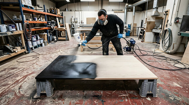 Professional woodworker spraying black lacquer on wooden panel | Industrial spray painting process in woodworking workshop | Carpenter using airless spray gun for furniture finishing