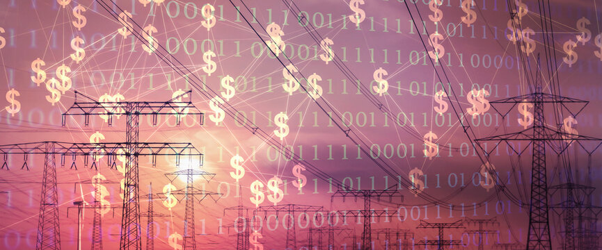 grid of dollar signs and binary code over industrial landscape with high-voltage towers and power grid lines in sunset light, symbolic electricity business concept