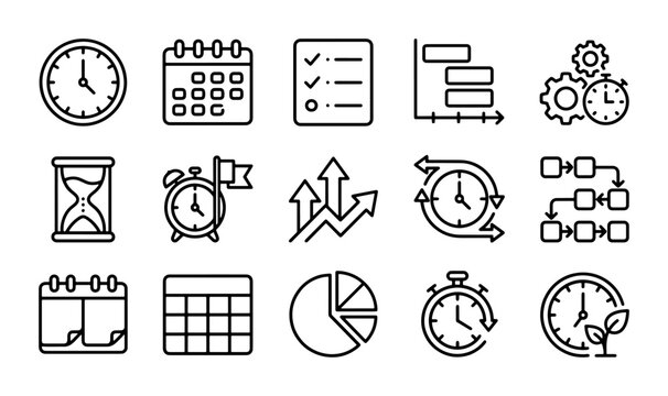 Time Management Icons Set: Calendar, Clock, Stopwatch, Gantt Chart, Workflow, Planning