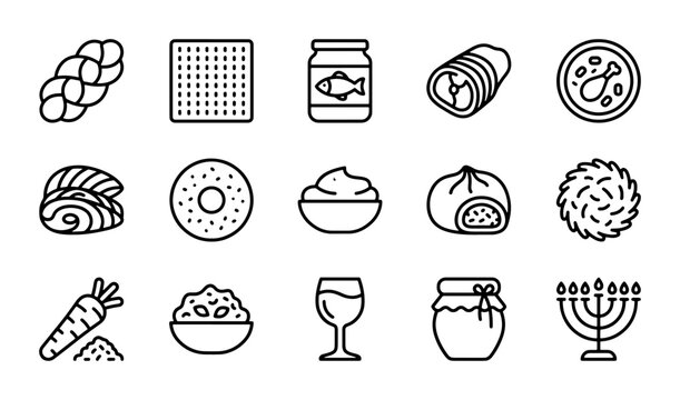 Jewish Food Icons Set, Kosher Meal Symbols, Hanukkah Symbols, Matzah, Challah, Wine, 15 Vector Elements