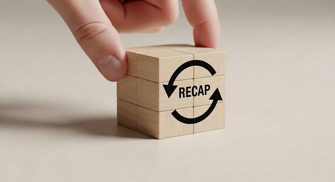 Recap business summary concept on wooden blocks, hand arranging wood cubes with recap text and update icon, corporate review and project summary