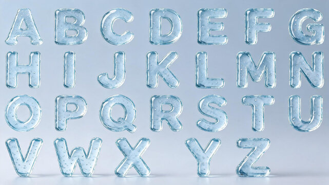 Full alphabet set of transparent water droplet and ice block letters isolated on a light blue background with alphabet transparent typography background